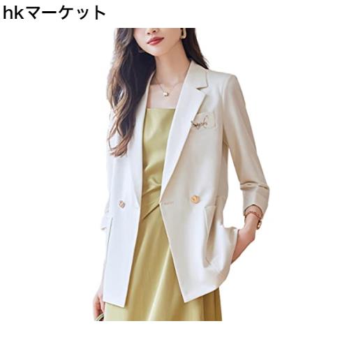 [AUSKY] レディース ジャケット Vネック スーツ ロング 七分袖 ボタン留め ポケット ショルダーパッド 着?せ 無地 ポリエステル シンプル