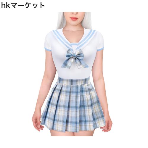 [LittleForBig] 大人用ロンパース セーラー服【魔法少女】 格子縞スカート 女子高生 JK制服 調節可能なウエスト 2点セット 元気な青 Mの通販は