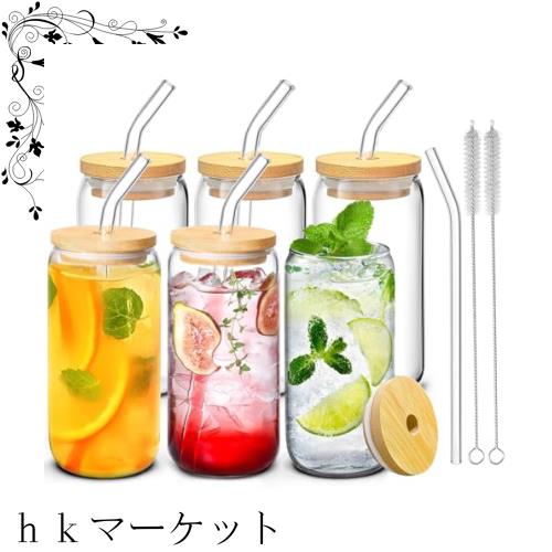 ガラスコップ 6個セット 500ml コップ ストロー付き 蓋付き 薄づくり ハイボールグラス 食洗機 電子レンジ対応 タンブラーグラス キャニの通販は