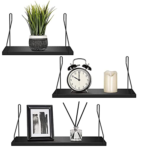 ウォールシェルフ 天然木 壁掛け棚 鉄製 ワイヤー壁棚 賃貸 飾り棚 壁面収納 無痕釘 ネジ 木製 (ブラック, 3個セット)の通販は