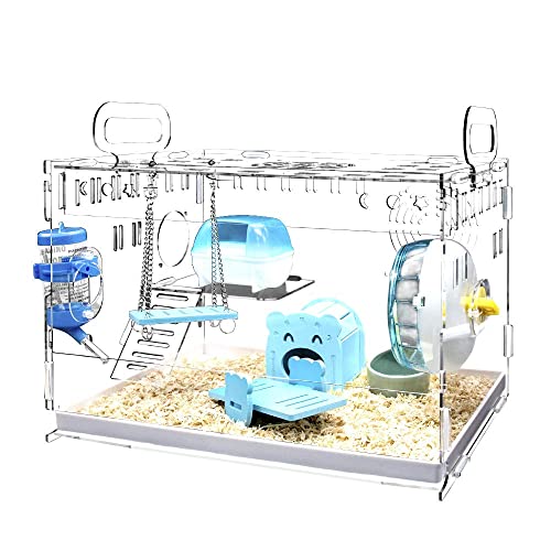 YOKITOMO ハムスターケージ 三代目 まわし車 給水ボトルなど含めて７点セット ２階デザイン 持ち運びやすい エコなアクリル製 (ブルー)の通販は 5,779円