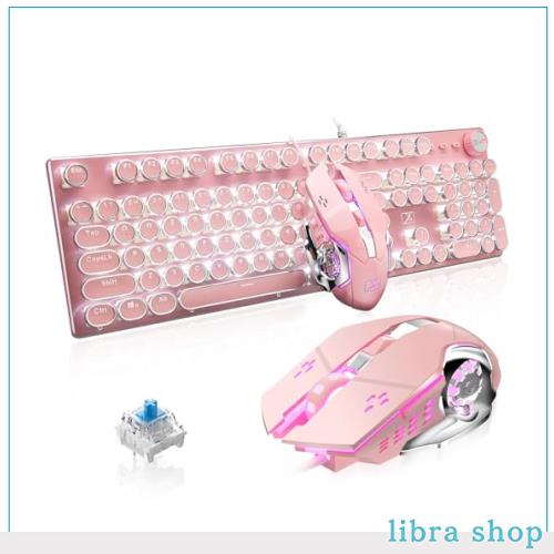 ZIYOU LANG 有線パンクキーボード メカニカルキーボードノブ付き レトロなラウンドキーキャップ タイプライター 青軸 104キー フルキーア