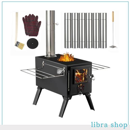 薪ストーブ AVOFOREST キャンプ用 折りたたみ式 7段階煙突 耐熱ガラス グリッド棚付き コンパクト収納 スチール製 耐熱塗装 焚火台 アウの通販は