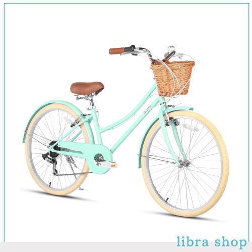 Glerc 女の子自転車 可愛い小中学生自転車 シティーサイクル ママチャリ レトロ おしゃれ 手編み藤カゴ付き SHIMANOシマノ6段変速 リアギの通販は