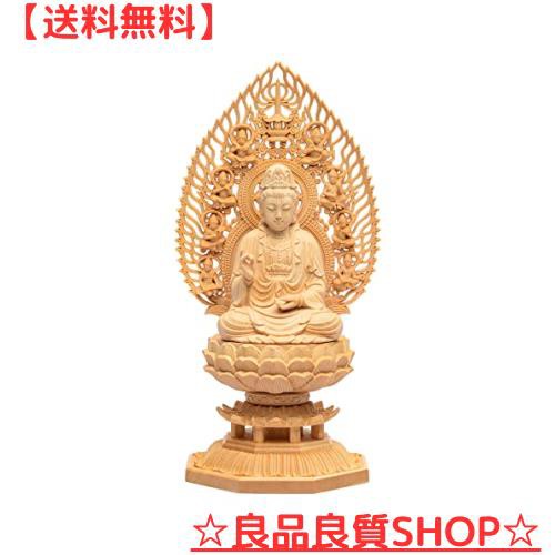 繁樓藝雕 仏像 仏壇仏像 観音菩薩 観音像 桧木製 木彫り 置物 飛天光背 八角台座 祈る 厄除け（高さ28cm×巾12cm×奥行12cm）の通販は