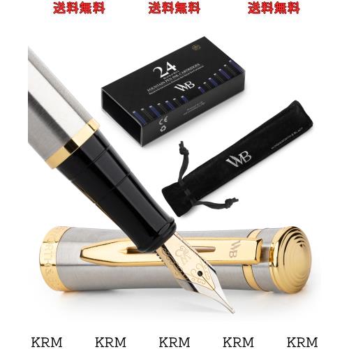 Wordsworth and Black Fountain Pen [Silver Gold]- Luxury Medium Nib Fountain Pen Set Includes 24 Ink Cartridges [Black ＆ Blue], R