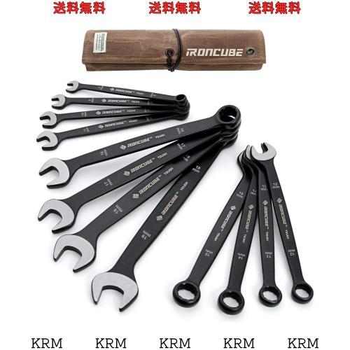 IRONCUBE コンビネーションレンチ 12本組 8-19mm CR-V素材 タフブラック ワックスキャンバス収納バッグ付き バイクメンテナンス用