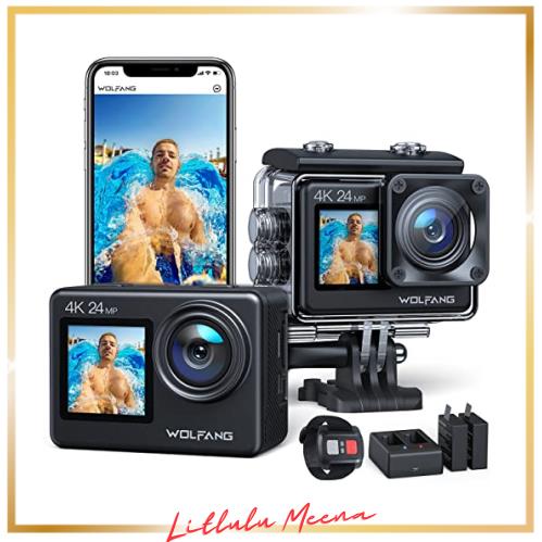 WOLFANG GA200 アクションカメラ 4K 24MP 防水40M デュアルスクリーンカメラ EIS手振れ補正 WiFi調整可能な広角 Vlogカメラ (充電器、2つの通販は