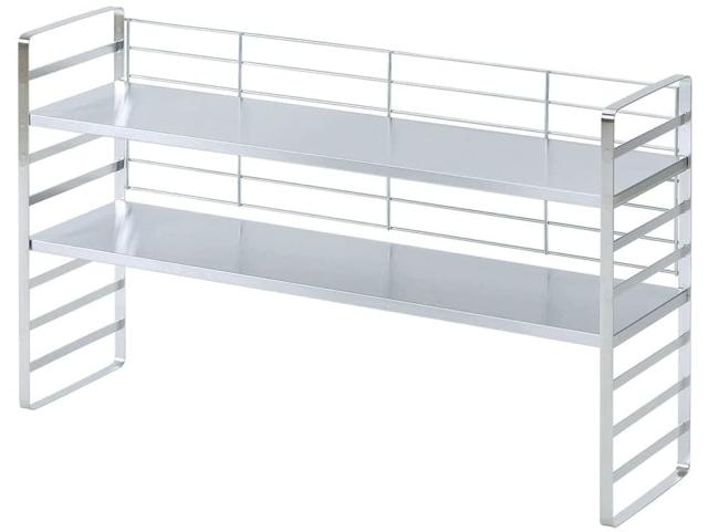 下村企販 高さ調節できる キッチンラック 幅75cm 【日本製】 収納ラック 棚2段 落下防止のバックネット付き 調味料 ポット 小物 レンジ上