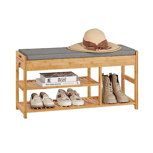 SoBuy 玄関ベンチ 収納ベンチ シューズラック 収納スツール 靴収納 竹製 幅90×奥行30×高さ45cm おしゃれ 引き出し付き 二段式靴収納 クの通販は