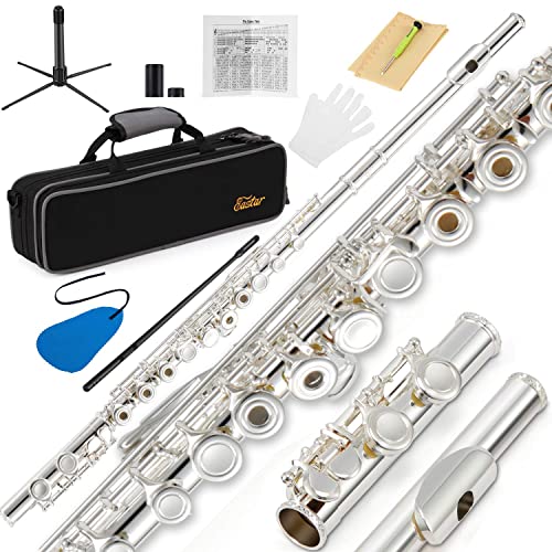 Eastar フルート 銀メッキ 16穴 リングキー Eメカ付き オフセット フルートスタンド＆専門ケース 初心者セット (銀色)