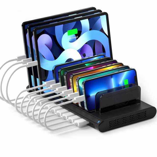 Alxum USB 充電ステーション 120W 10ポート IPad 充電スタンド 複数 QC3.0*2+USB C*1 急速充電 10台同時充電 PSE認証済 スマホ卓上収納
