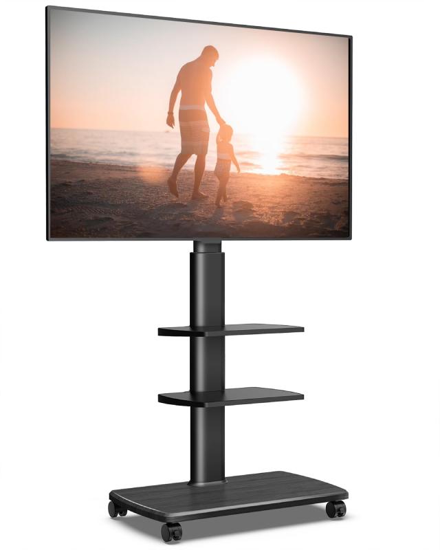 FITUEYES テレビスタンド 32〜70型対応 キャスター付き 高さ角度調節可能 移動式 木目調 ブラック 中段棚二枚付 棚板無階段調節 TT306503