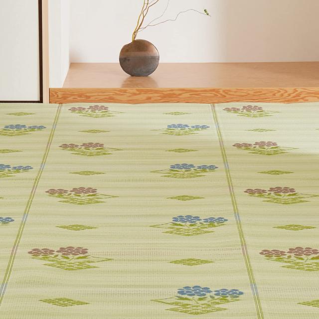 萩原 洗える い草風カーペット グリーン 本間8畳 約382X382cm 「#110」 ラグ 花ござ 和風 花柄 日本製