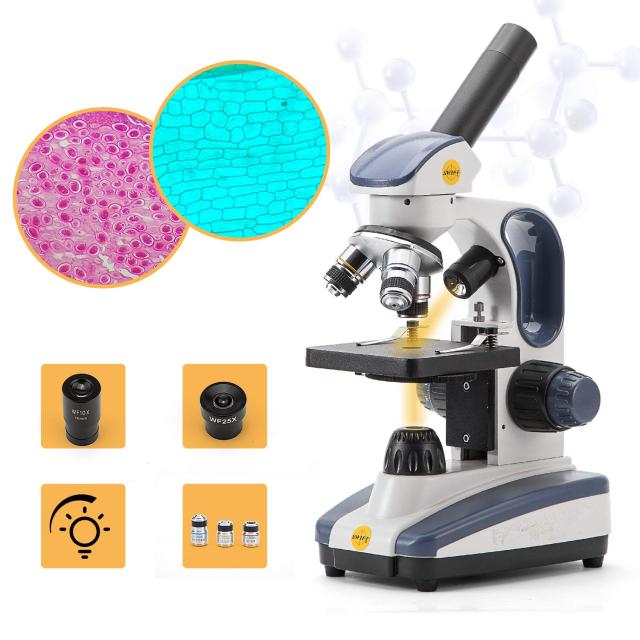 SWIFT SW200DL 人気 小学生用顕微鏡 40X-1000X単眼ヘッド 回転式 ガラス光学、広視野接眼レンズ25倍付、一軸式粗微動ハンドル、持ち運び