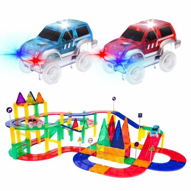 PicassoTiles 80 ピース レースカー トラック ビルディングブロック 教育玩具セット 磁気タイル マグネット DIY プレイセット 2 ライトアの通販は