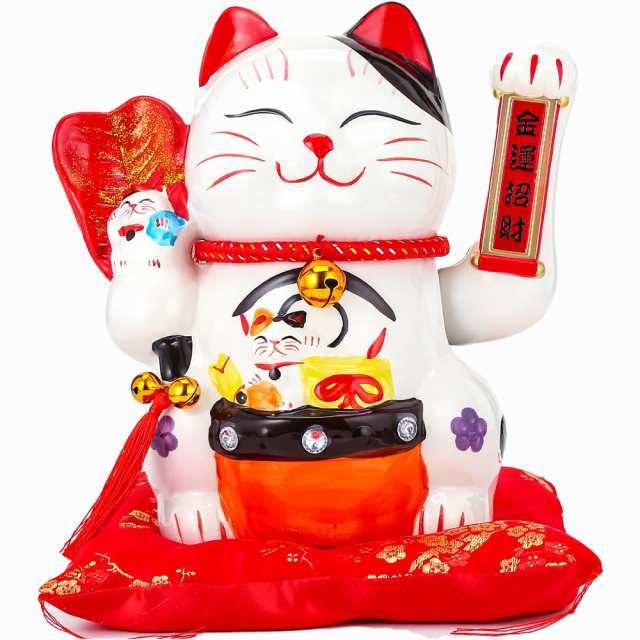 EnergyPower 電動 招き猫 座布団付 まねき猫 陶器製 手描き ハンドメイド かわいく手招きします 乾電池式 開店祝いや開業祝いに喜ばれまの通販は