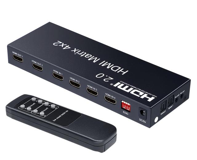 ELEVIEW 4K 60Hz HDR対応 HDMI マトリックス セレクター 4入力 2出力 音声分離 (光デジタル・3.5mmステレオ音声出力)｜1080@120Hz HDMI2.