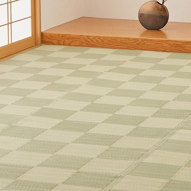 萩原 PP柄上敷き グリーン 江戸間8畳 「倉間」 い草風 柄上敷き 花ござ 水洗いOK 約348X352cm
