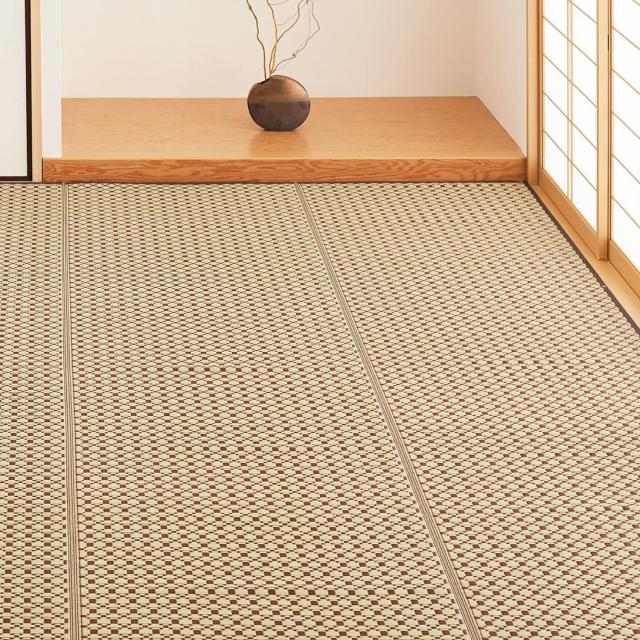 萩原 洗える い草風カーペット ブラウン 江戸間6畳 約261X352cm 「ルイス」 ラグ 花ござ 和モダン ペット 保護