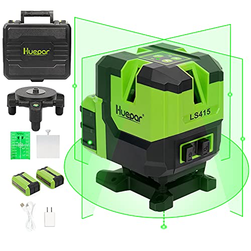 Huepar グリーン レーザー墨出し器 横フルライン 2つバッテリ付属 緑色【矩十字＆横全周ライン＆5ドット】LS415