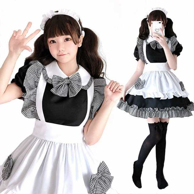 JUNDOMECY] 可愛い チェック柄 メイド服 高品？セット 大きい sサイズ メイド コスプレ 半袖 フリル 黒 白 衣装 エプロン  カチューシャ の通販はau PAY マーケット - ks-shop2 | au PAY マーケット－通販サイト