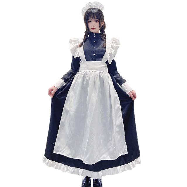 [YIUHK] メイド服 英國風 ロング ロリータ コスプレ ハロウィン 仮装 レディース ワンピース エプロン イベント クラシカル 長袖 カチュ