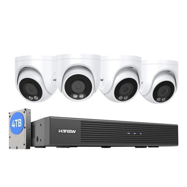 【4K画質・フルカラー撮影】H.View ドーム型 防犯カメラ 4台セット 4K 800万画素 有線 カラー暗視 POE給電カメラ 8ch H.265 4Kレコーダー