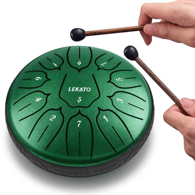 スリットドラム スチールタングドラム LEKATO 金属ドラム 11音 6インチ 打楽器 マレット 収納バッグ付き 瞑想 ヨガ 禅 (ジェイドグリーン