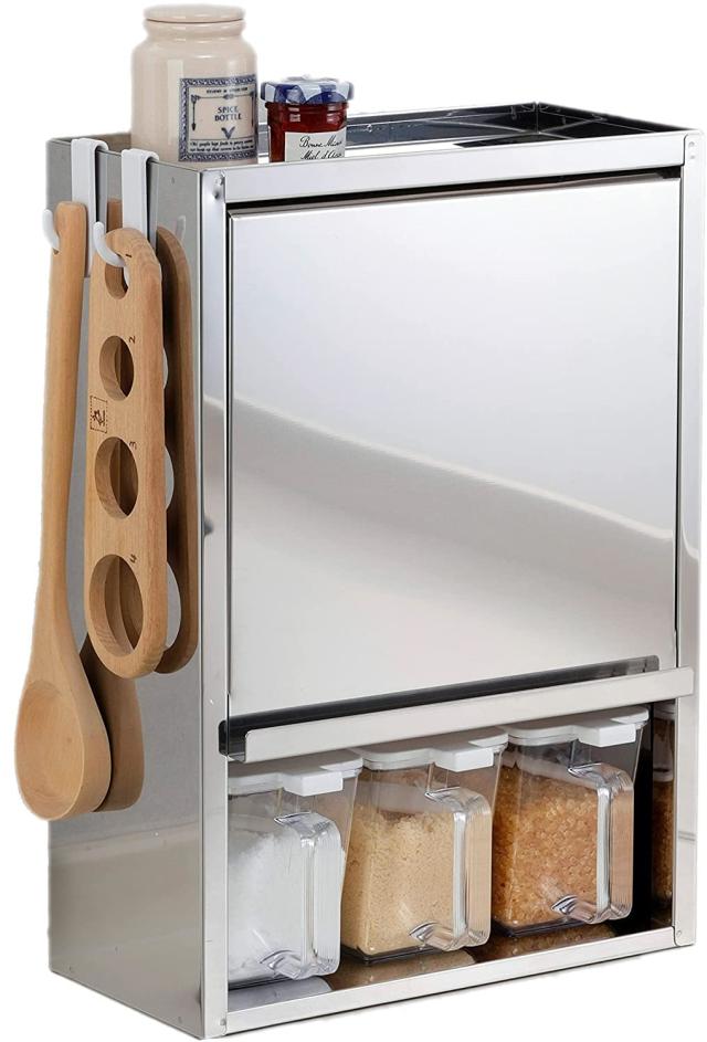 大竹産業 スパイスラック 調味料ポット3個付き 燕三条 ステンレス製 シルバー 29x15.5x40cm マグネット対応 隠せるスリム収納ケース 日本