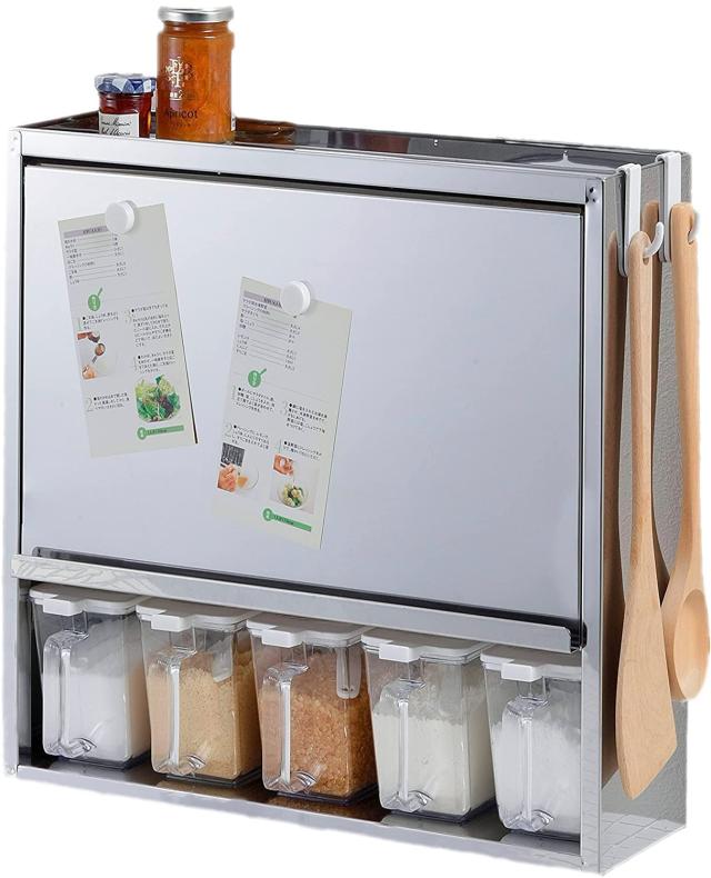 大竹産業 スパイスラック 調味料ポット5個付き 燕三条 ステンレス製 シルバー 46.5x15.5x40cm マグネット対応 隠せるスリム収納ケース 日