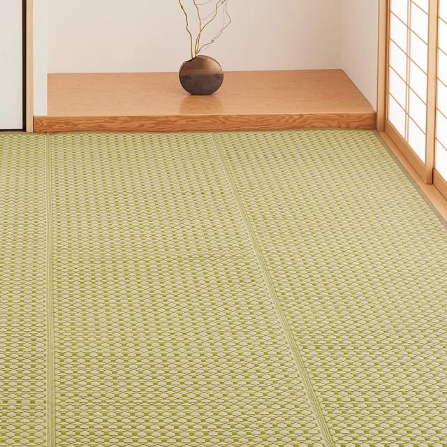 萩原 洗える い草風カーペット グリーン 江戸間6畳 約261X352cm 「ルイス」 ラグ 花ござ 和モダン ペット 保護