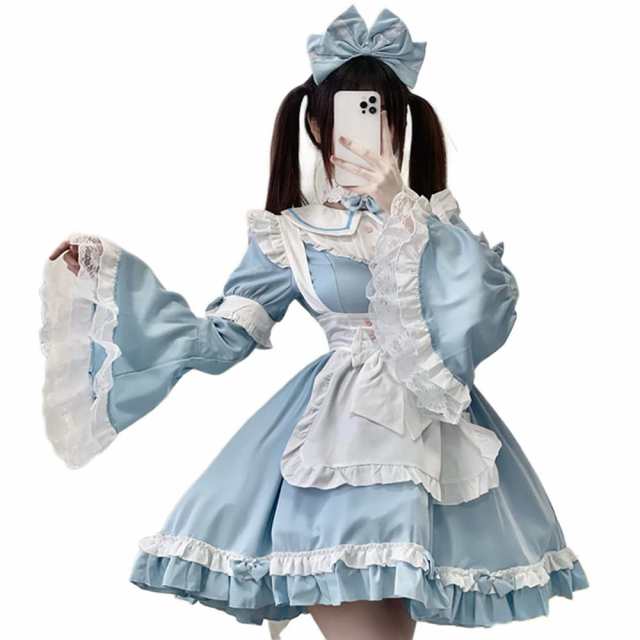 [SSUPTEMBER？] メイド服 コスプレ衣装 ロリータ服 ワンピース 姫袖 長袖 水色 森ガール ゆめかわいい 女の子 萌え 少女 エプロン リボンの通販は