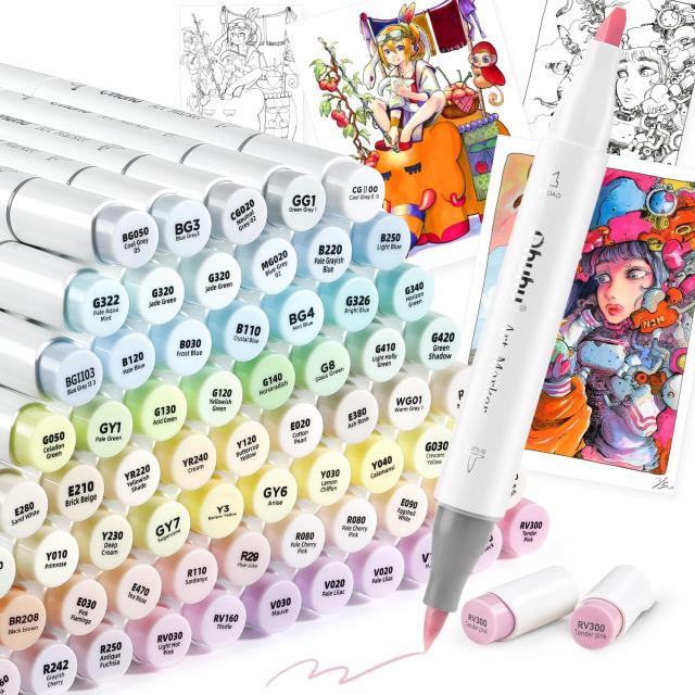 Ohuhu マーカーペン 筆タイプ 96薄色 プロ愛用 パステル イラスト イラストマーカー 筆・太字 ブレンダーペン1本付き Honolulu シリーズ の通販は
