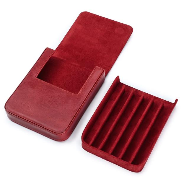 Hiram 万年筆ケース 植鞣革 磁気分割デザイン ペン収納ボックス 6 本のペンを収納 (赤)