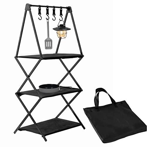 CARBABY アウトドアラック キャンプラック フォールディングラック 3段物置き棚 折り畳み式 軽量 アルミ 高級感 ハンガーフック4個付き
