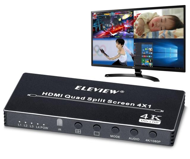 ELEVIEW 4K HDMI 画面分割切替器 マルチビューワー 4入力1出力 4分割表示(PBP) HDMIスイッチャー シームレス 瞬時に切り替え 自動で画面