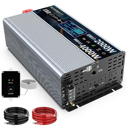 ROARBATT 24V 2000W インバーター 正弦波 瞬間最大4000W DC24VをAC100に変換 リモコン付き 50/60Hz切替可能 ACコンセント×4、USBソケッ