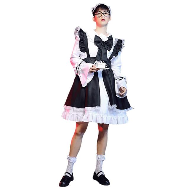 [YUEEI] メイド服 メンズ 男性向け ブラック レッド コスプレ ハロウィン 仮装 ワンピース 長袖 可愛い パーティー イベント 撮影 女装