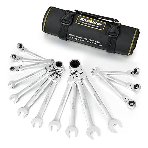 Enventor ラチェットレンチセット フレックスラチェットレンチ 角度調整可能 6~19mm 14本組 両用ヘッド 首振りラチェットコンビセット 専
