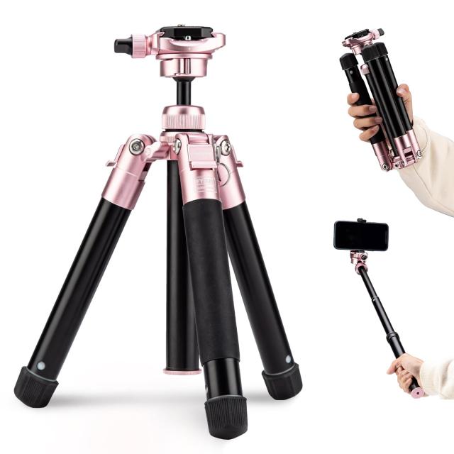 Fotopro 152CMミニ三脚軽量コンパクトトラベル三脚360度ボールヘッド電話マウント着脱式自撮り棒カメラフォン三脚最大荷重4KG Free-1 ピ