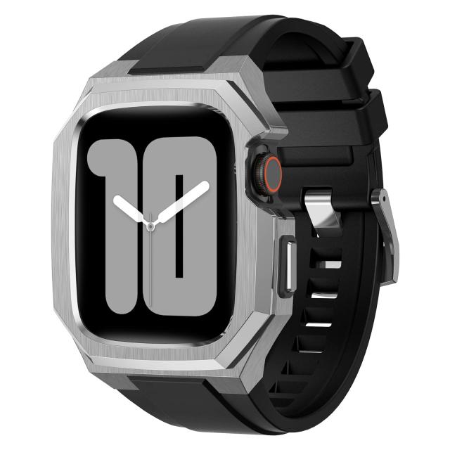 BinGeLi コンパチブル Apple Watch バンド 44mm 45mm 49mm ステンレス鋼 ケース付き 頑丈なメンズ フッ素ゴムベルド 一体型 スポーツバン