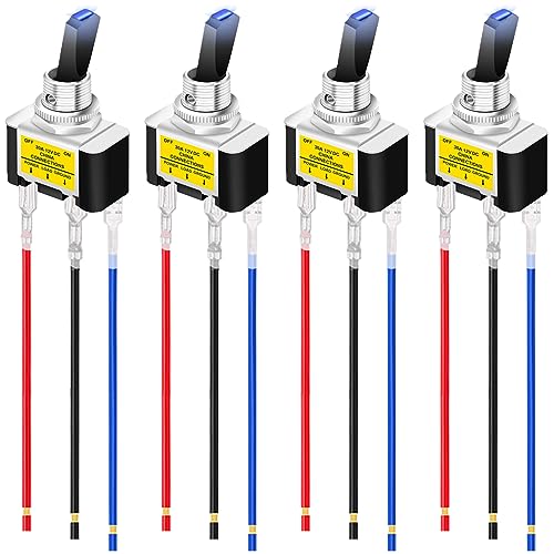 MKBKLLJY 4 個点灯トグルスイッチ DC 12V 30A、SPST 3 ピンオンオフ青色 LED スイッチ自動車ボート RV ロック ...