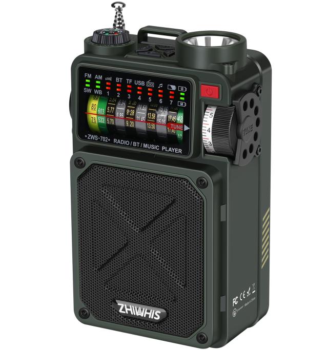 ZHIWHIS Bluetoothスピーカー 防災ラジオ FM/AM/短波/ワイドFM対応 懐中電灯 ソーラー/手回し/USB-C充電【SOSアラート/スマホ充電対応可