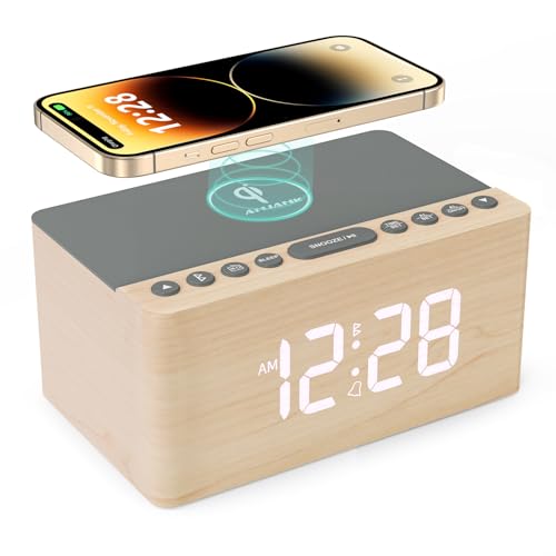 ANJANK 木製目覚まし時計付きBluetoothスピーカー、FM ラジオ