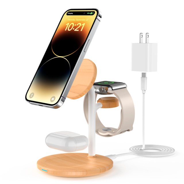 3in1 mag-safe充電器 ワイヤレス充電器 マグネット スタンド iPhone/iWatch/Airpods同時充電 15W Watch 充電器 スタンド 置くだけ充電 QC