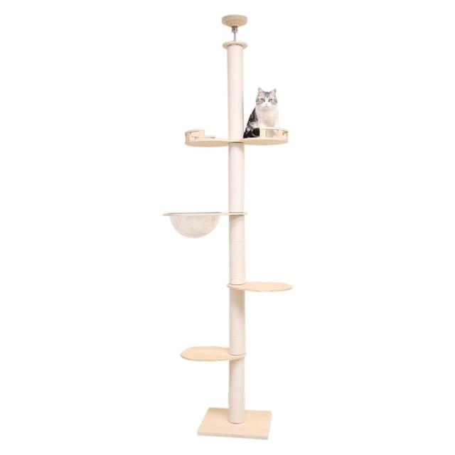 PETTIFUL キャットタワー 突っ張り 木製 大型猫 コットン紐 スリム 木登り 多頭飼い キャットツリー シニア 据え置き 太い支柱 猫タワー