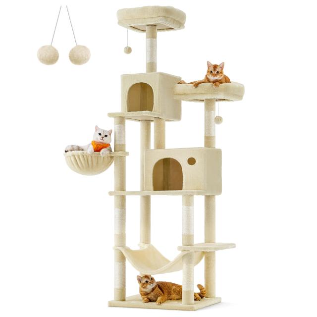 FEANDREA キャットタワースリム 猫タワー 大型猫 据え置き 省スペース 登りやすい 大きいハンモック 運動不足解消 多頭飼い 高さ199cmPCT