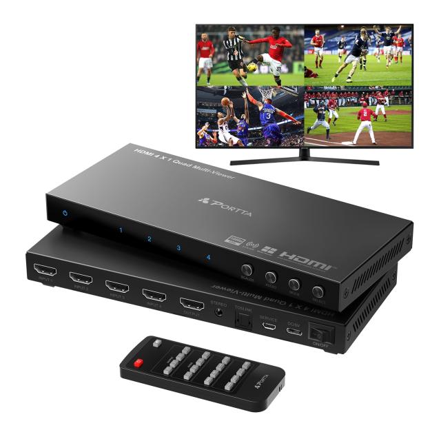 PORTTA HDMIマルチビューワースイッチ 4x1 PIP付き クアッドマルチビューア シームレススイッチャー 4イン1アウト トスリンク付き 3.5mm