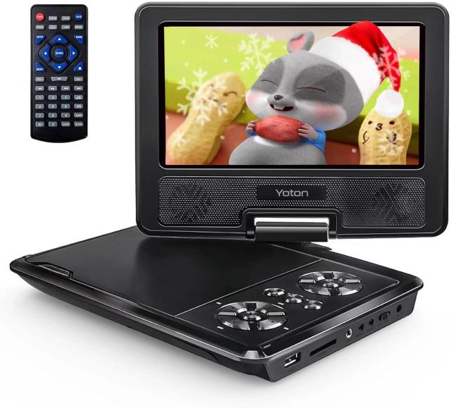 発売 YOTONの9.5インチポータブル式DVDプレーヤー、7.5インチ ピボット対応ディスプレイ、車載用・子供用、バッテリー内蔵で4〜6時間連続
